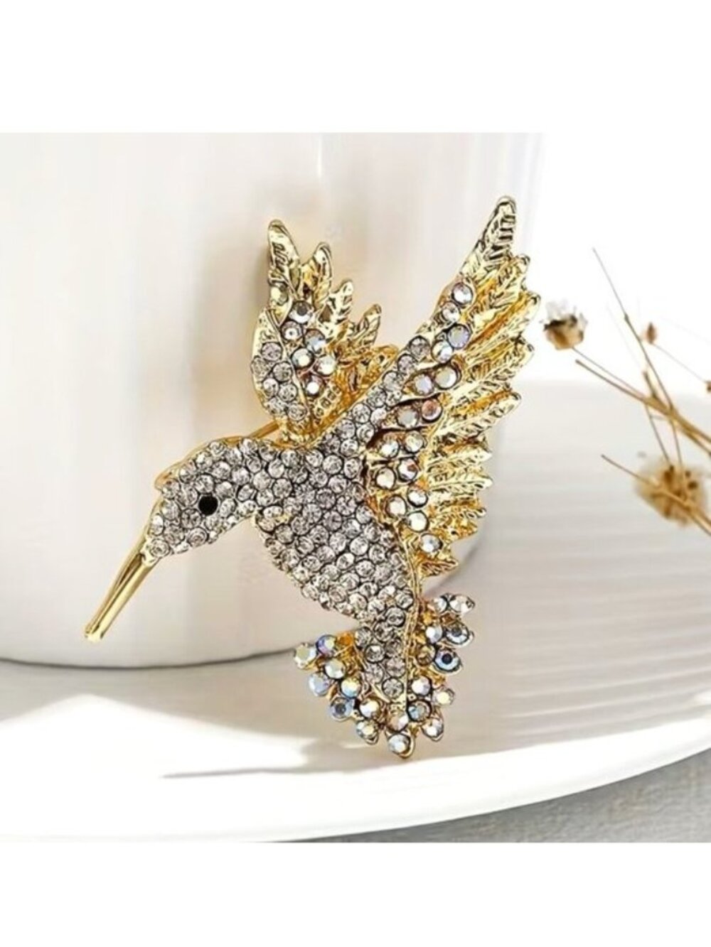 Brooch Hummingbird Rhinestone Trendy Pin Stylish Sparkle Hollywood Glam Bird Fun